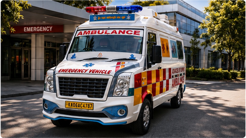 Meghana Ambulance Service ambulance at hospital — hospital transfer Bangalore