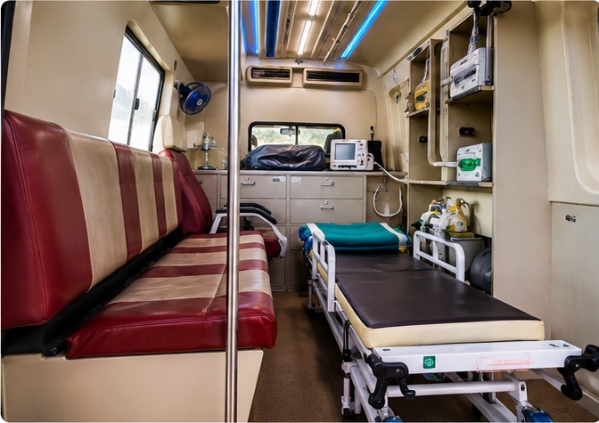 Meghana Ambulance Service ambulance interior — medical equipment and patient bay