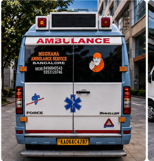 Meghana Ambulance Service ambulance rear view — fully equipped patient transport