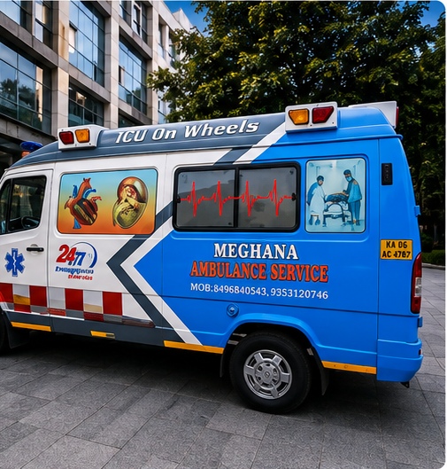 Meghana Ambulance Service ambulance side view — Bangalore ambulance service
